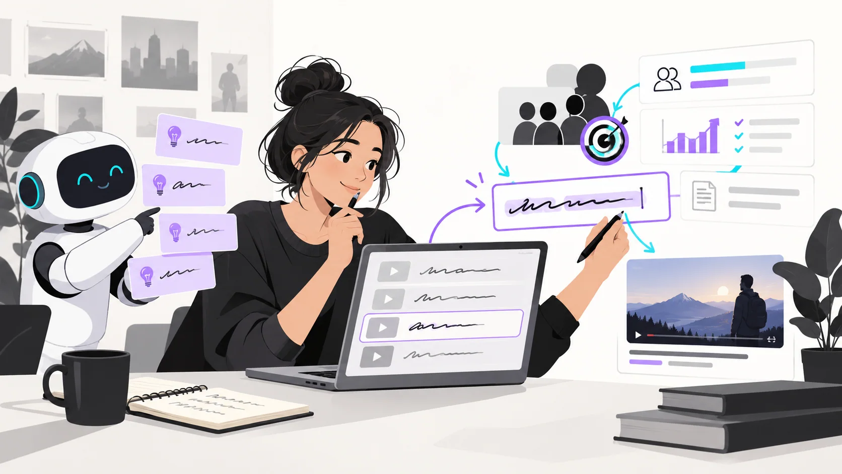 Creator reviewing AI-generated YouTube title ideas beside audience research and handwritten notes